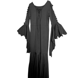 WhimsyGothic Black Lace Up Maxi Dress Bell Sleeve Lattice Cut Out Flare Witchy